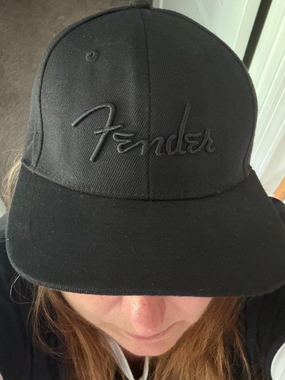 Fender Blackout Script Logo Snapback Hat All Black Monochromatic Cap